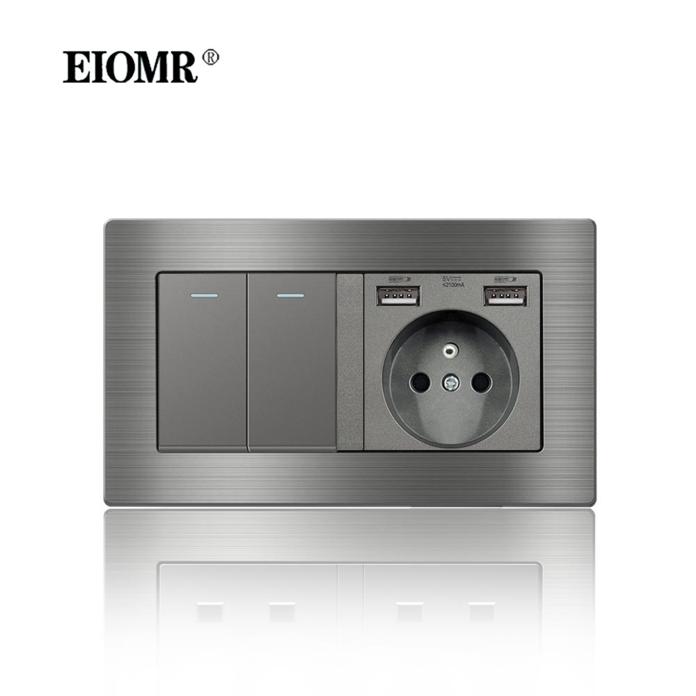 EIOMR France Standard Electrical Socket Grey Aluminum Alloy Panel Light Switch Rj45 Tv 220V 16A Wall Outlets for Home Appliance