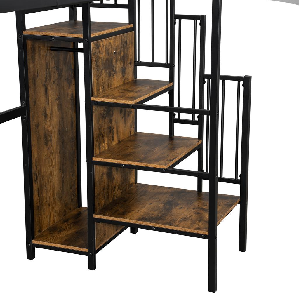 [32552890SAA] Iron Bed, Bunk Bed, Loft Bed, with Desk and Wardrobe, Side Ladder with Handrail, Iron+Chipboard, Black+Dark Wood Color, 90x200cm
