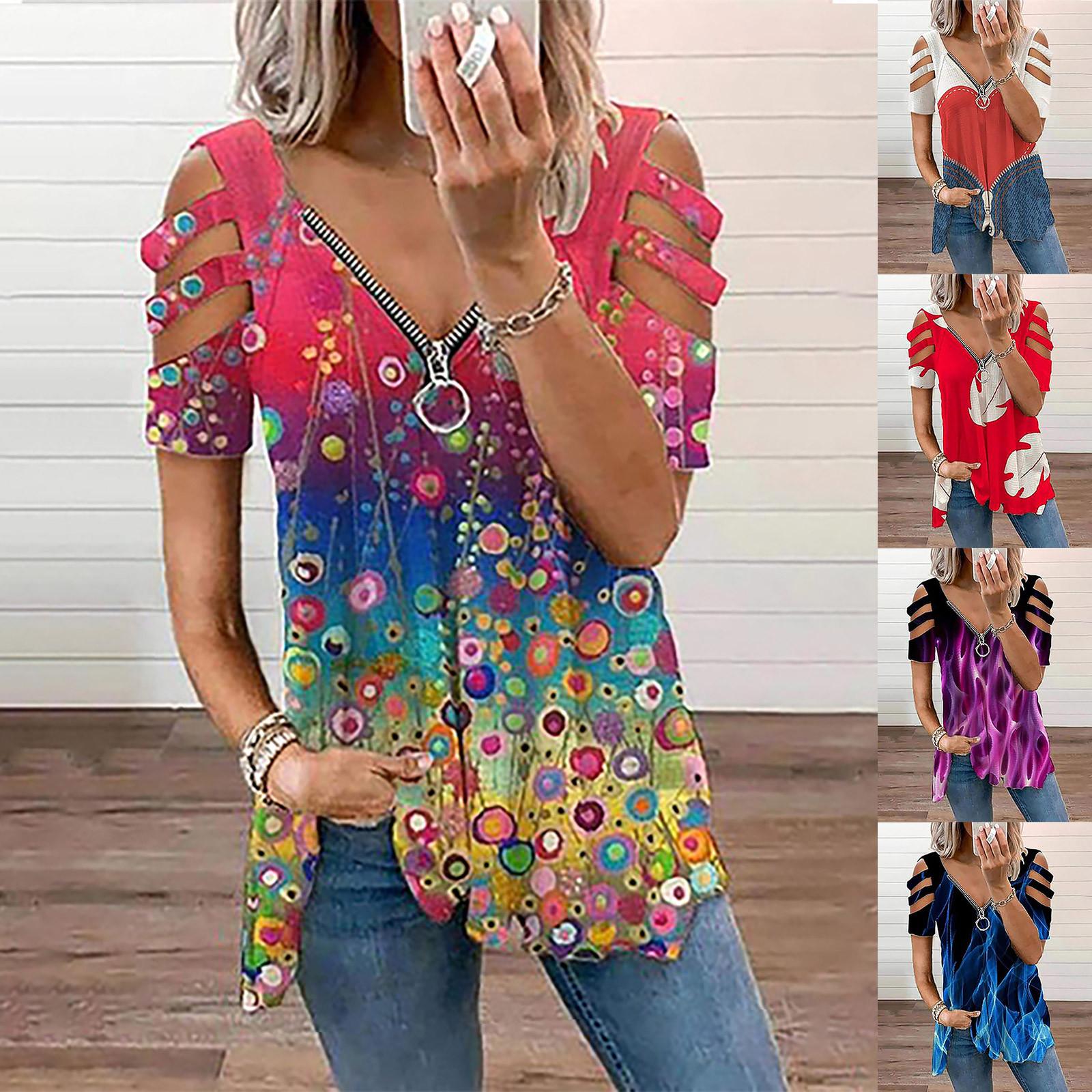 

Женская повседневная модная футболка с принтом на молнии с v-образным вырезом и коротким рукавом, футболка, блузка