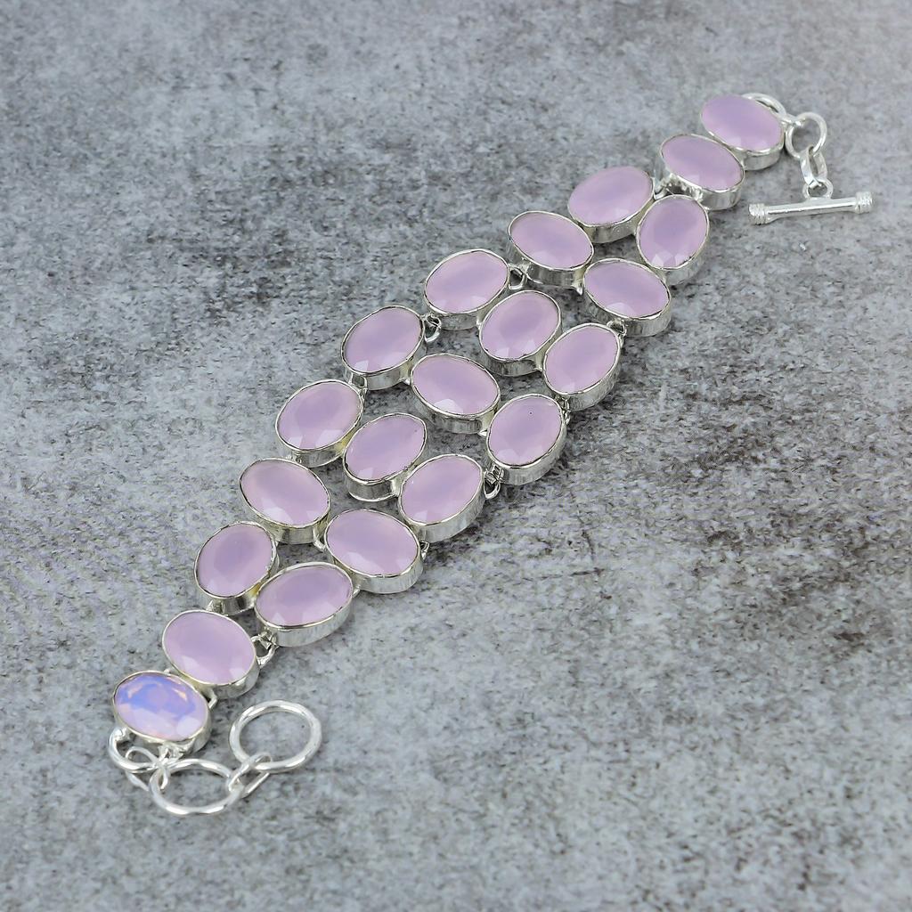 Bracelet en Pierre Gemme Calcédoine Rose Fait Main en Argent Sterling 925 7-8" M-307