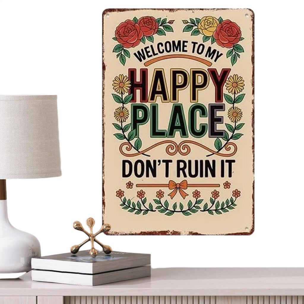 Happy Place Sign Vintage Floral Home Decoration Wall Metal Welcome Poster For Indoor Outdoor Bedroom Corridors Courtyards