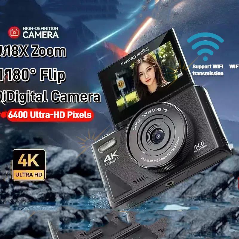 64MP 180° Flip Screen Selfile Camera WIFI 4K Digital Camera Small Portable 18X Digital Zoom Vlog Camera