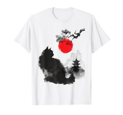 Schwarze Katze Tuschemalerei Stil Rote Japanische Sonne Sumi-e T-Shirt