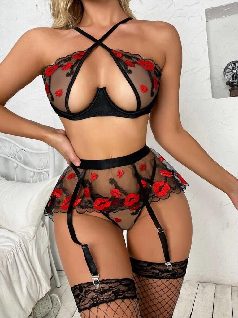 Hot Cut Red See Through Lingerie Women's Underwear Mesh Yarn Lace Transparent Bra Sexy 4 Piece Erotic Lingerie Set Luxury