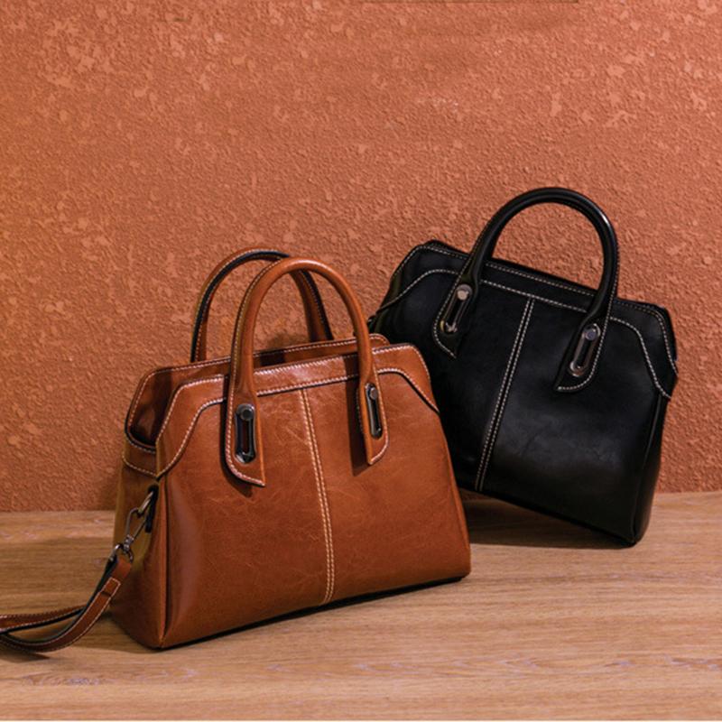 Genuine Leather Women Handbag Top Handle Shoulder Cross Body Bag Fashi Oil Wax Cowhide Purses and Handbags Messenger Tote Bags