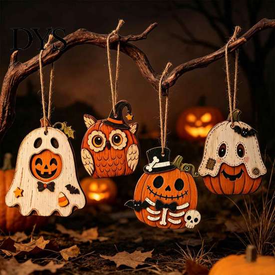 Cartoon Wooden Wall Decorations Vintage Halloween Hanging Ornaments, Rustic Pumpkin Owl Ghost Farmhouse Ornaments Tree Decoration with Rope for Window