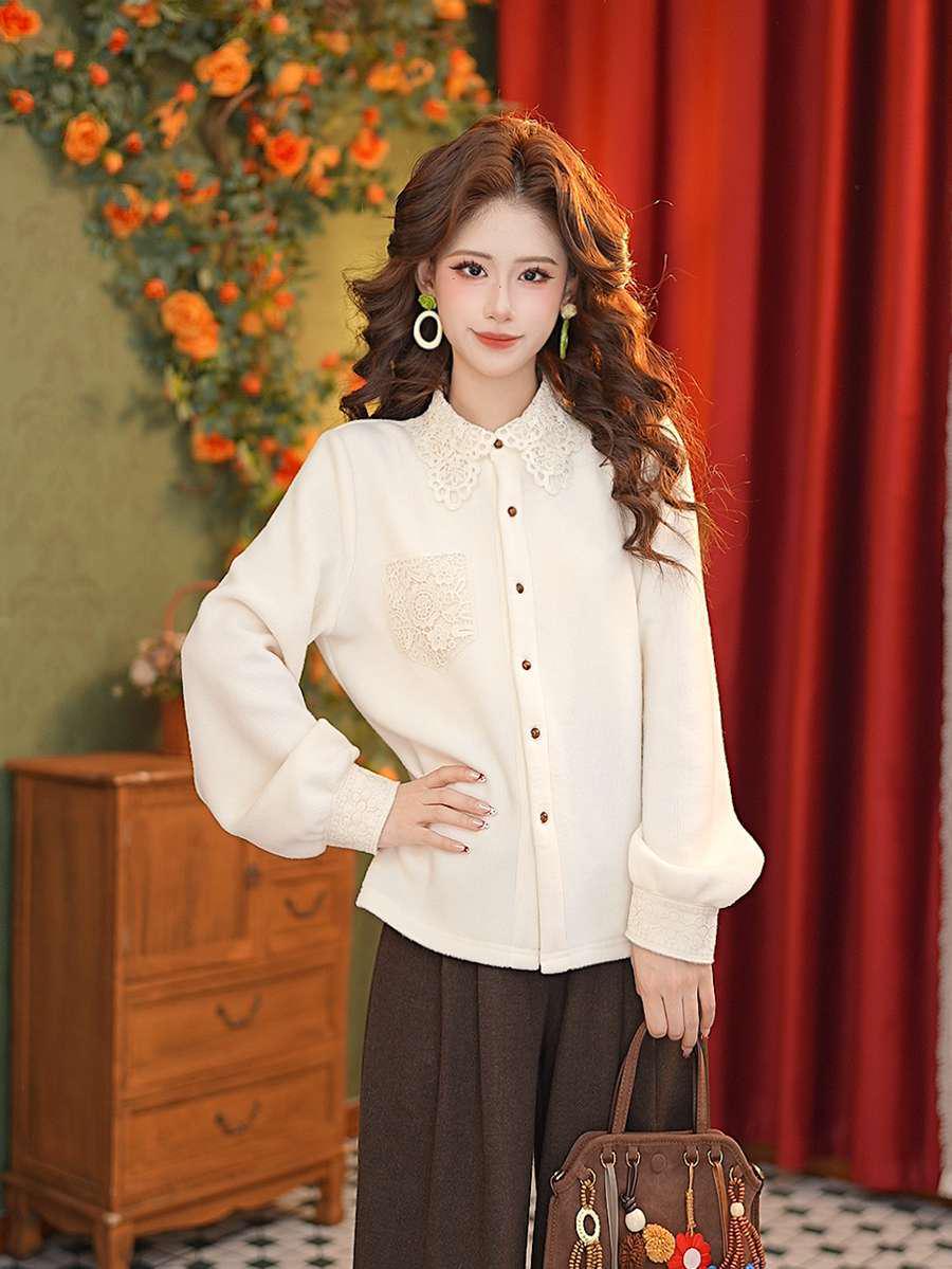 Zhang Jiayuan Women s Long Sleeve Lace Layering Shirt #S15028 Small абрикосовый