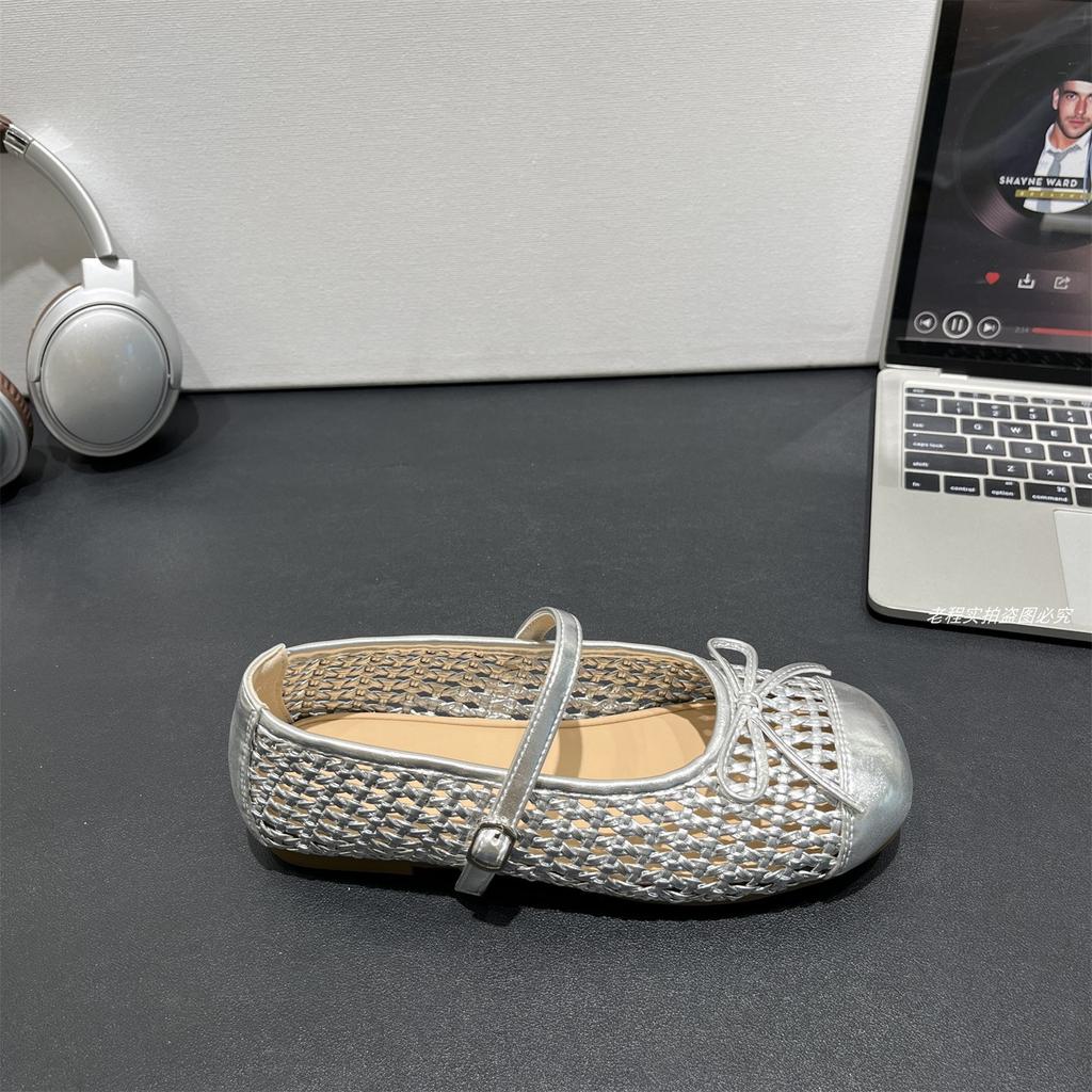 Ballet style bow hollow woven one-word buckle shallow mouth single shoes women's spring and summer 2025 new x Mary Jane shoes
