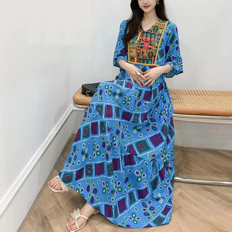 

Женское летнее вышитое платье в этническом стиле, классическое туристическое платье из хлопка и шелка с цветочным принтом для пляжа One Size