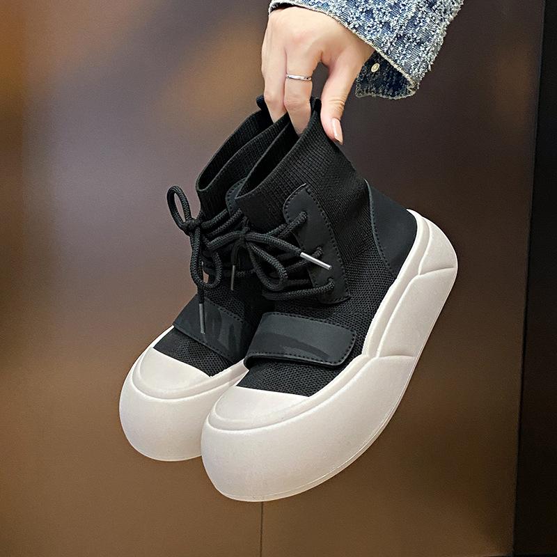 Fashion Women Ankle Sock Boots Flats Platform Shoes Dress Fashion New 2024 Winter Casual Women Boots Walking Travel Lace-Up Female Botas