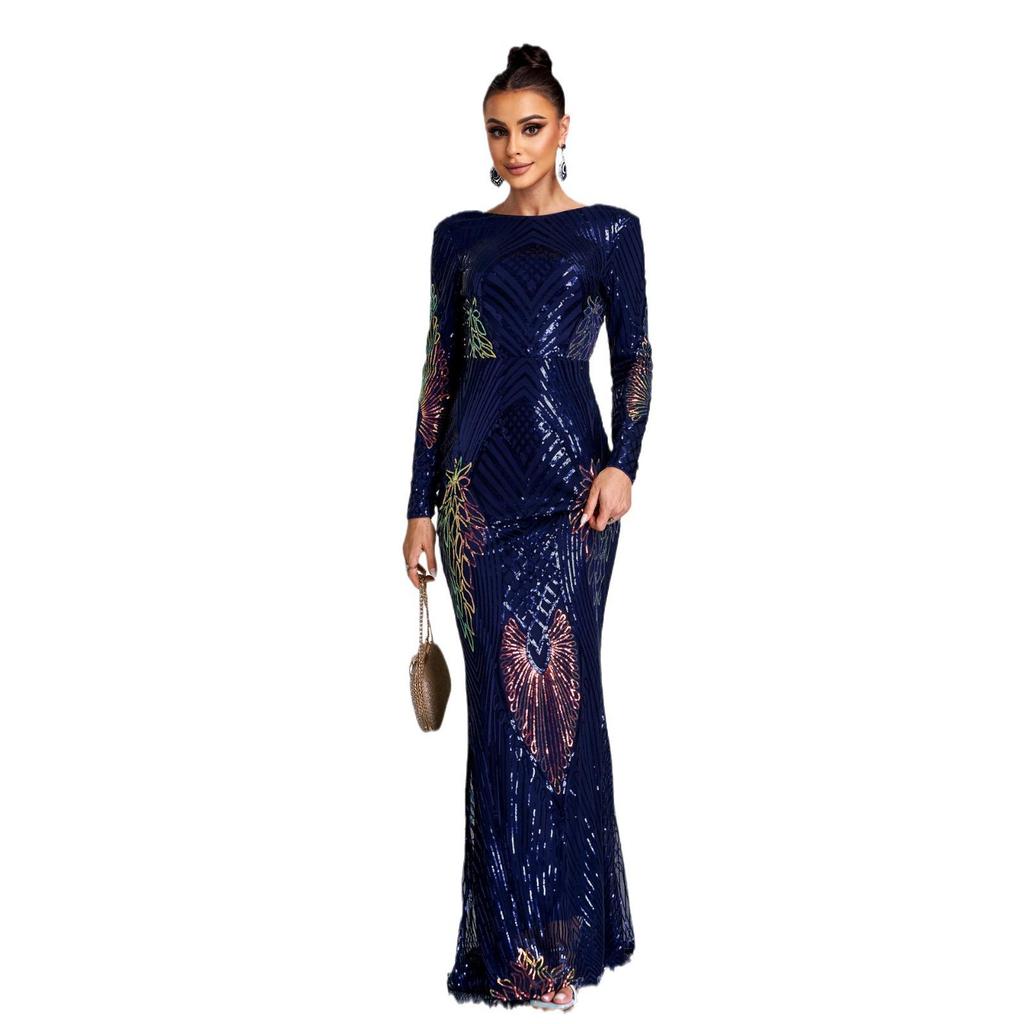 Elegant Long-Sleeve Sequin Evening Dress with Round Neck for Bridesmaids