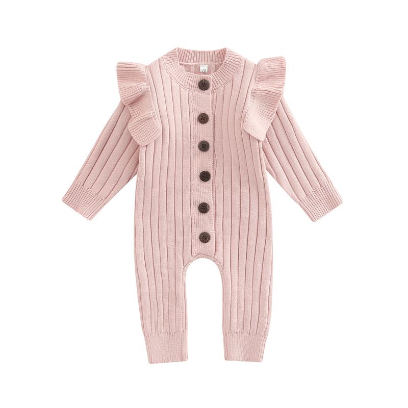 Baby Girl’s Knitted Long Sleeve Jumpsuit Solid Color Round Neck Button Long Romper