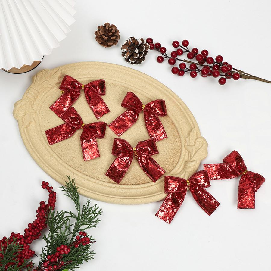 20PCS Christmas Bow DIY Christmas Tree Decoration Sequin Bow Holiday Decoration Red Small Bow Two Styles