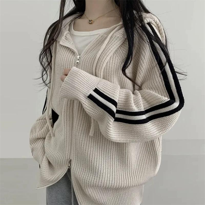 Korean Zipper Stripe Knitted Cardigan Women's Autumn Winter Oversized Y2k Outer Wear Lazy Wind Lapel Hooded Sweater Jacket Coats
