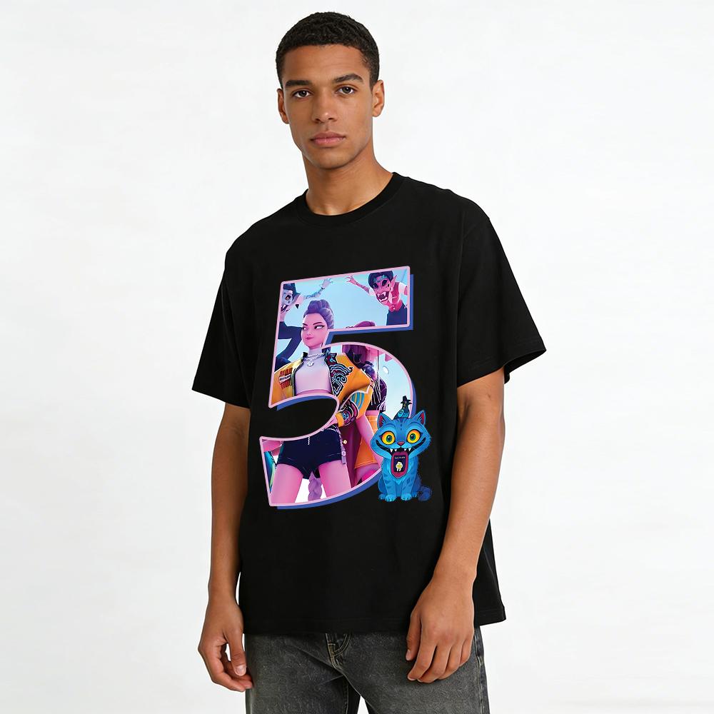 Trendy Cool Girl Monster Themed Number 5 Print Top Street Style Anime Peripheral Casual T-Shirt Pure Cotton T-shirt