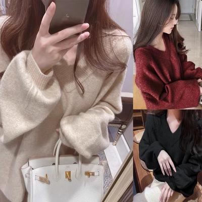 New Women V-neck Loose Fitting Solid Color Base Cardigan Female Autumn Sweet Lazy Style Long Sleeved Base Shirt Jacket