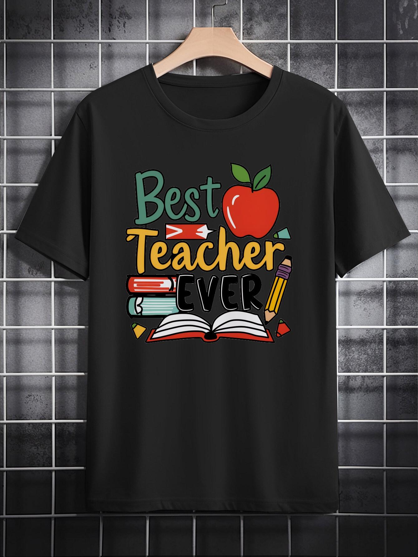 BestTeacher Casual Short Sleeve T-shirt - Best Teacher Ever Graphic Print with School Icons XXL
