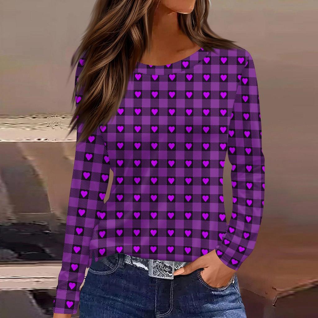 Women's Fashion Casual Slit Hem Round Neck Long Sleeve Loose Printed T-Shirt Ladies Top