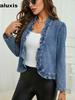 Veste en jean courte à bordure florale pour femme, coupe ample, pour le printemps et l'automne