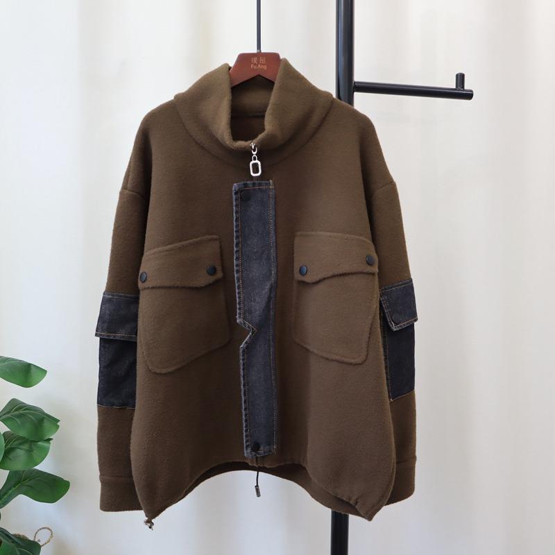 Autumn and winter new zipper denim splicing knitted double-sided woolen cardigan loose casual temperament sweater jacket women