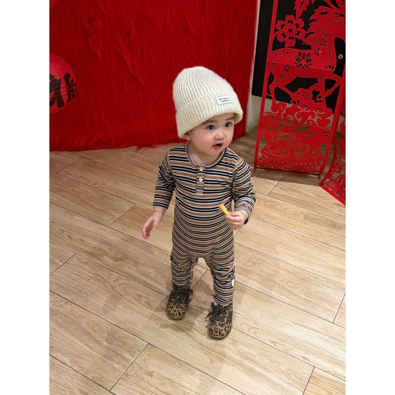 

Baby and Children s Spring Style Ins-Style Striped Romper, Class a Seamless Tencel Long-Sleeve Air Conditioning Jumpsuit, One-Piece Romper Pajamas Curry color 73