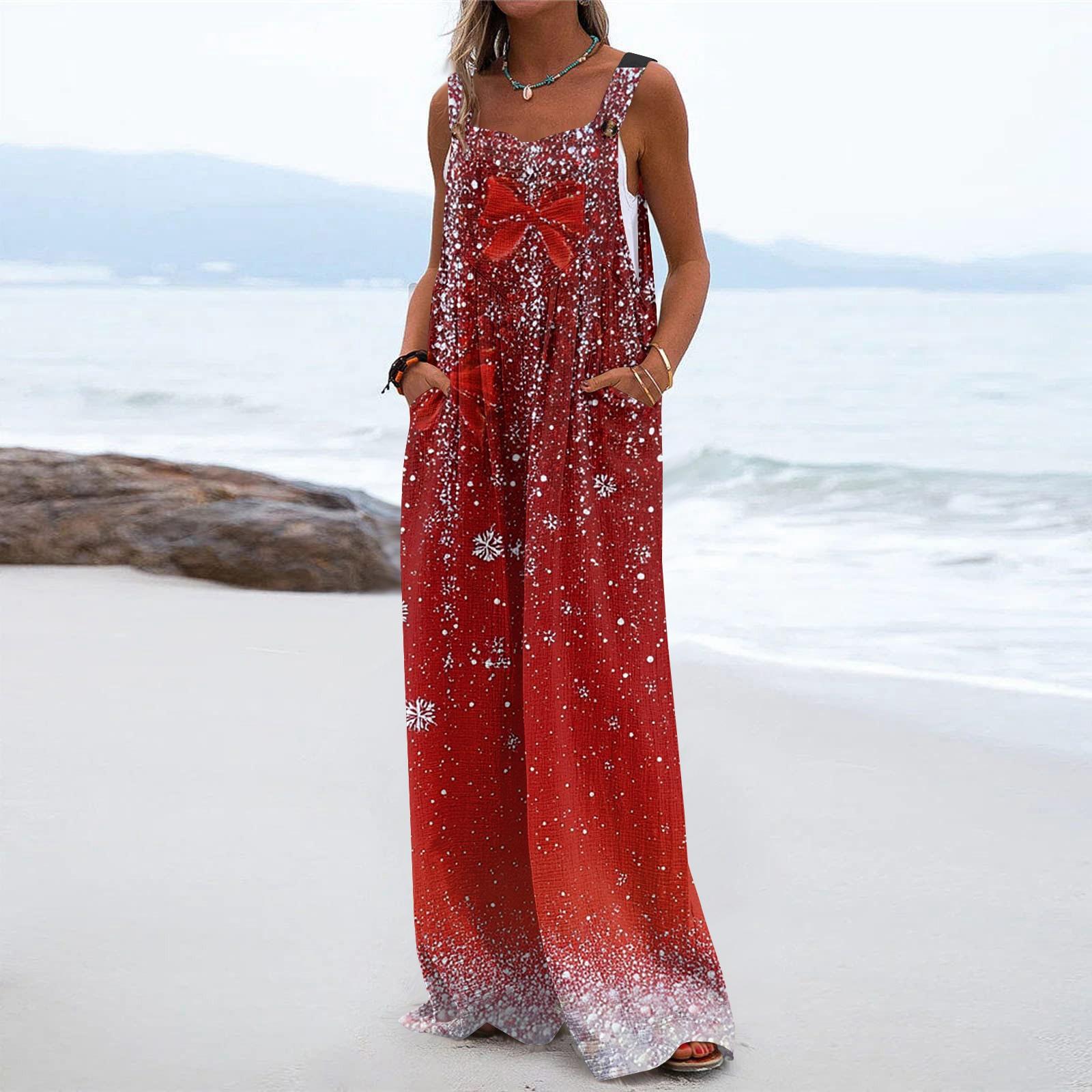 

Женский рождественский принт однотонный широкий крой без бретелек майка карман повседневный комбинезон L