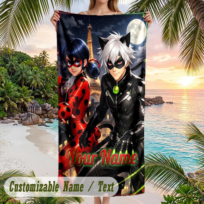 Miraculous Ladybug Strandtuch, Personalisiert mit individuellem Text, Schnelltrocknendes weiches großes Handtuch für Schwimmbad und Reisen