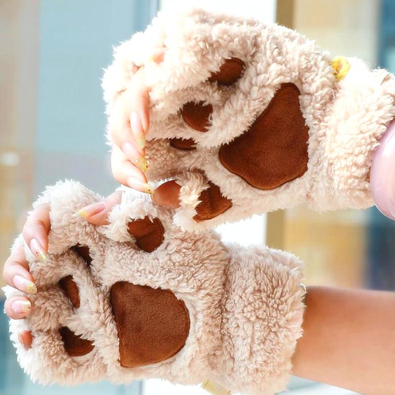1 Paar Warme Plüsch Winter Katzenpfoten Handschuhe Halbfinger Flauschig Kawaii Tragbar Mode Lieblich Weich