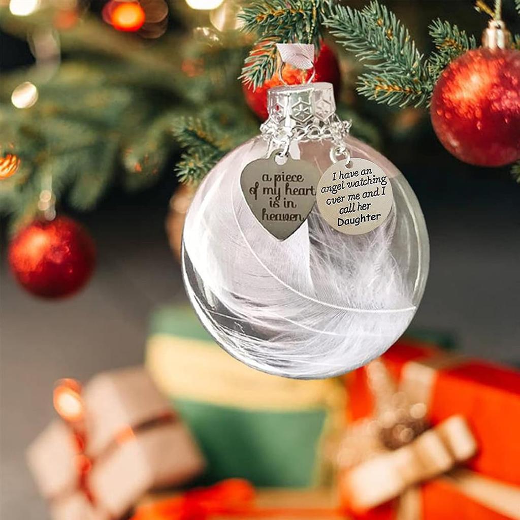Clear Christmas Memorial Ornament Feather Ball, A Piece of My Heart is in Heaven, Christmas Tree Memorial Hanging Pendant Gift for Mom, Dad, Son,