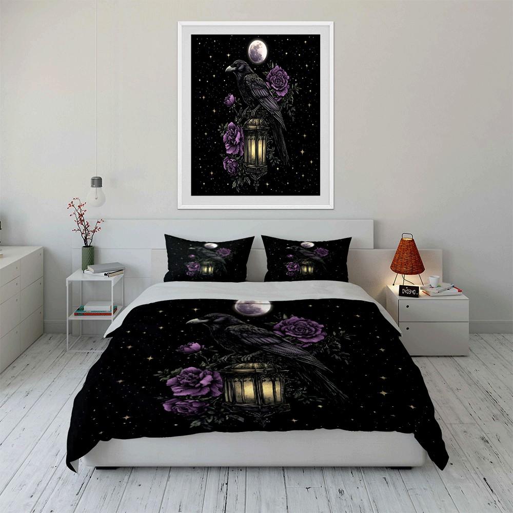 Raven, Lantern, Moonlit Elegance Exquisite Three-Piece Bedding Set Gift For Kids And Adults
