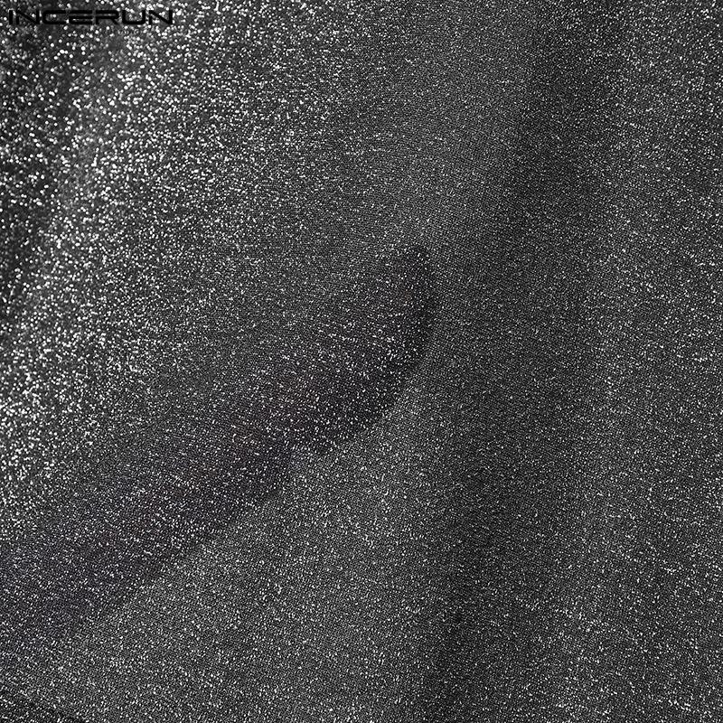 INCERUN Men Cowl Neck Long Sleeve See Through Irregular Tops Glitter Mesh T-shirts