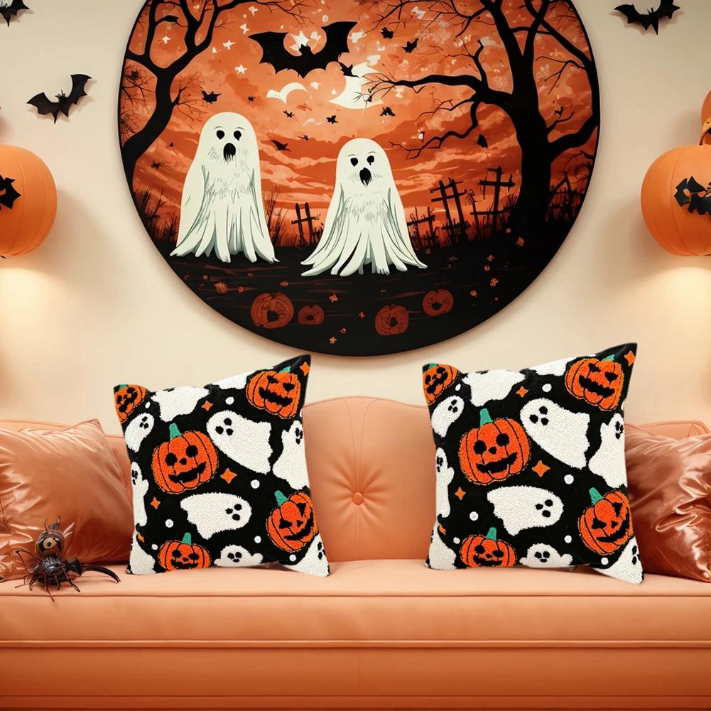 2PCS Embroidered Pillowcase 45x45cm Ghost Pumpkin Throw Cushion Covers Halloween Decor Throw Pillow Covers for Sofa Bed Couch