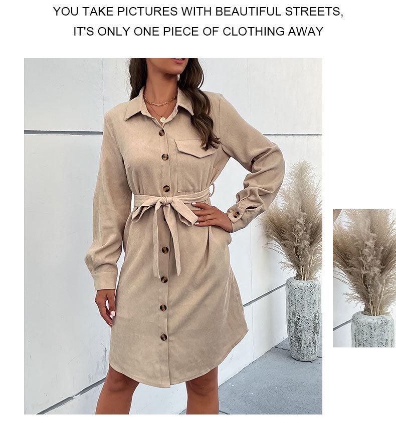 2025 Autumn/Winter Women's Solid Color Lace-Up Casual Shirt Dress