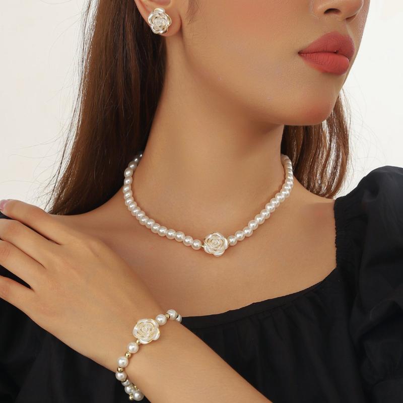 3Pcs Camellia Women'S Party Necklace Bracelet And Earrings Set Elegant Bridal Jewelry Gift