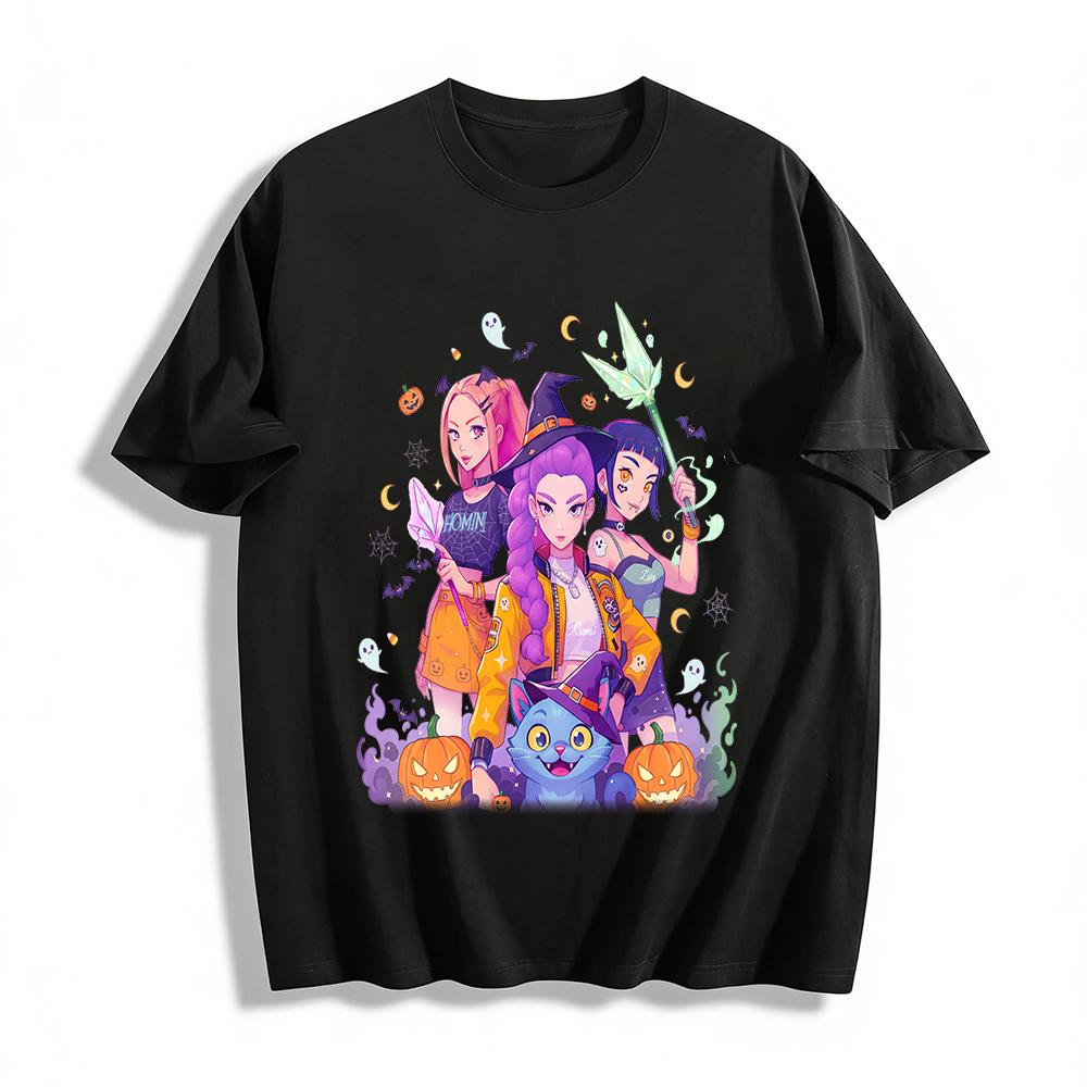 

Halloween Themed Anime Girls Print T-shirt Casual Loose Fit Crewneck Top For Daily Wear Pure cotton T-shirt XXS