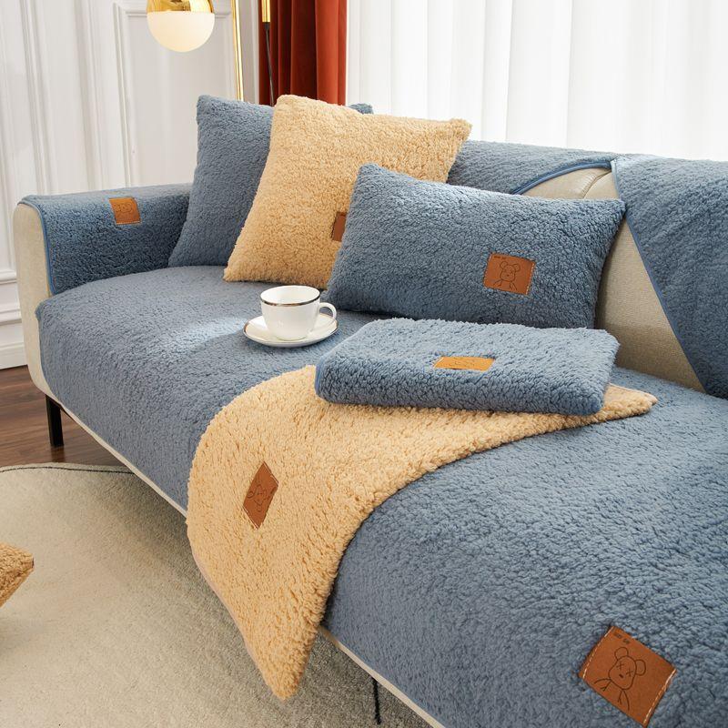 Winter Wool Fleece Sofa Cover Plush Cushions Thicken Warm Non-Slip Sofa Cover Solid Color Living Room Sofa Protection Cover
