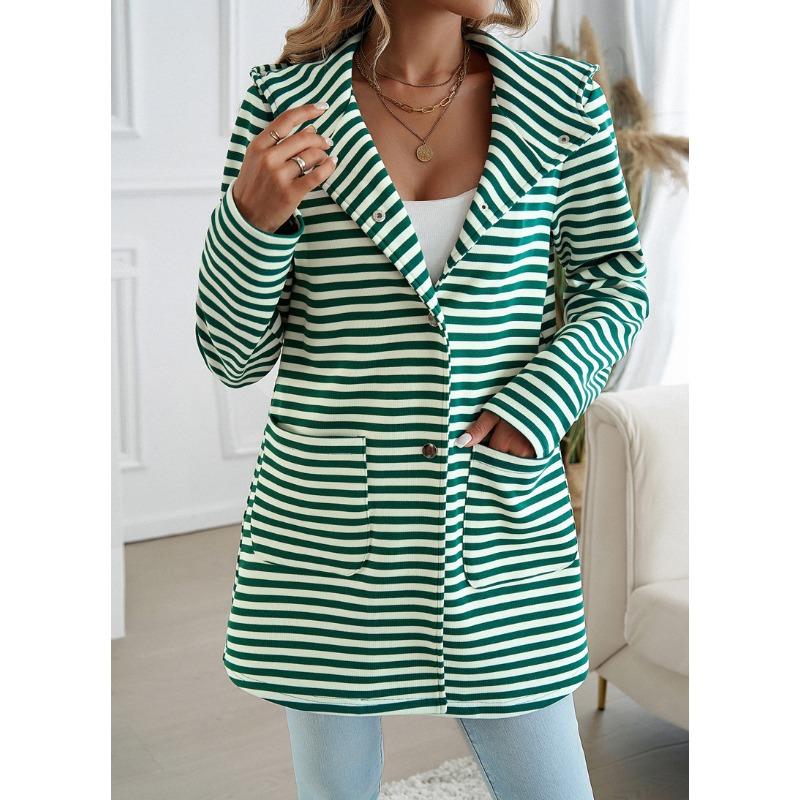 Women's Autumn and Winter New Temperament Striped Cardigan Hooded Knitted Long-sleeved Jacket