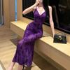New Chinese Style Purple Floral Sexy Slip Deep V-neck Dress with Elegant Charm Fit Bodycon Skirt