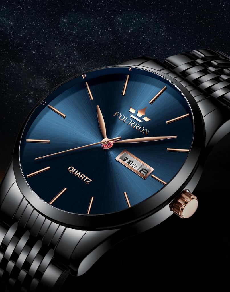 FOURRON Men's Quartz Watch - Waterproof, Ultra-Thin Steel Band with Calendar