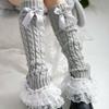 Cable Knit Leg Warmers Boot Cuffs with Bowknot Decorated Sweet Tiered Ruffled Lace Trim Leg Covers Calf Socks for Women