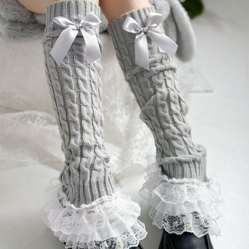 Cable Knit Leg Warmers Boot Cuffs with Bowknot Decorated Sweet Tiered Ruffled Lace Trim Leg Covers Calf Socks for Women