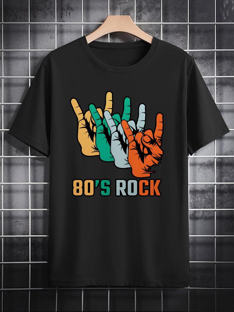 Casual Crew Neck T-shirt with "80'S Rock" Handprint Graphic - Colorful Summer Tee