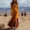 2026 New Women's Vintage Western Style Long Dress with Buttons, Ruched Long Sleeves, Sexy Dress
