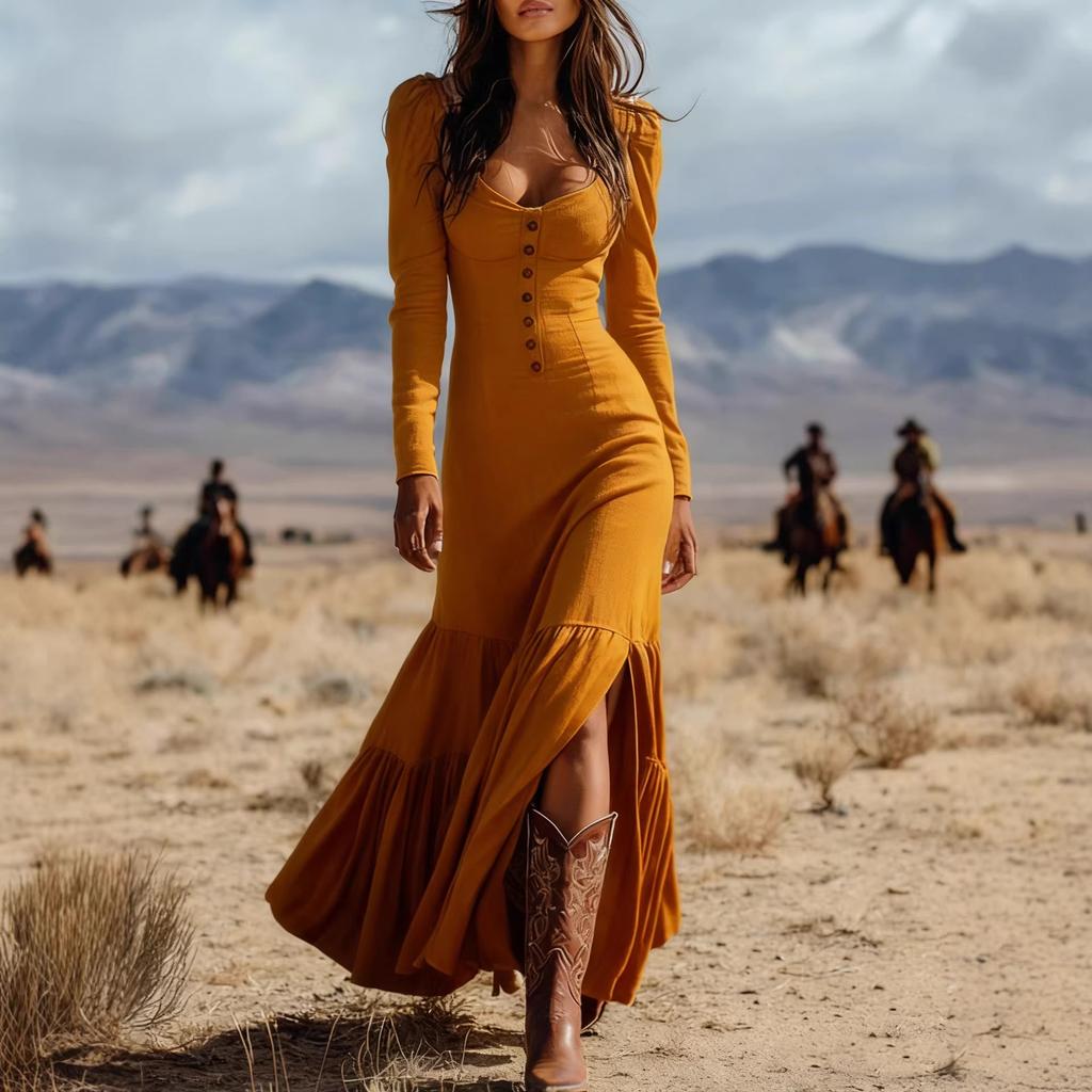 2026 New Women's Vintage Western Style Long Dress with Buttons, Ruched Long Sleeves, Sexy Dress