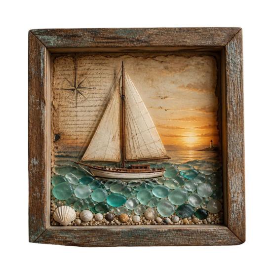 Sea Glass Art Painting with LED Light, DIY Mosaic Arts and Craft Kit, Ocean Themed Painting Kit, Beach Art Kit for Home Office Bookshelf Decoration