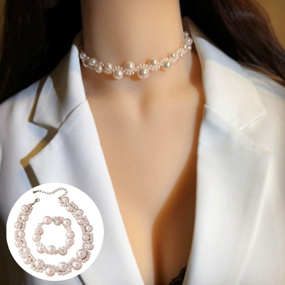 Light Luxury Pearl Necklace Bracelet Set Hand Bangle Women Jewelry Set  Wedding