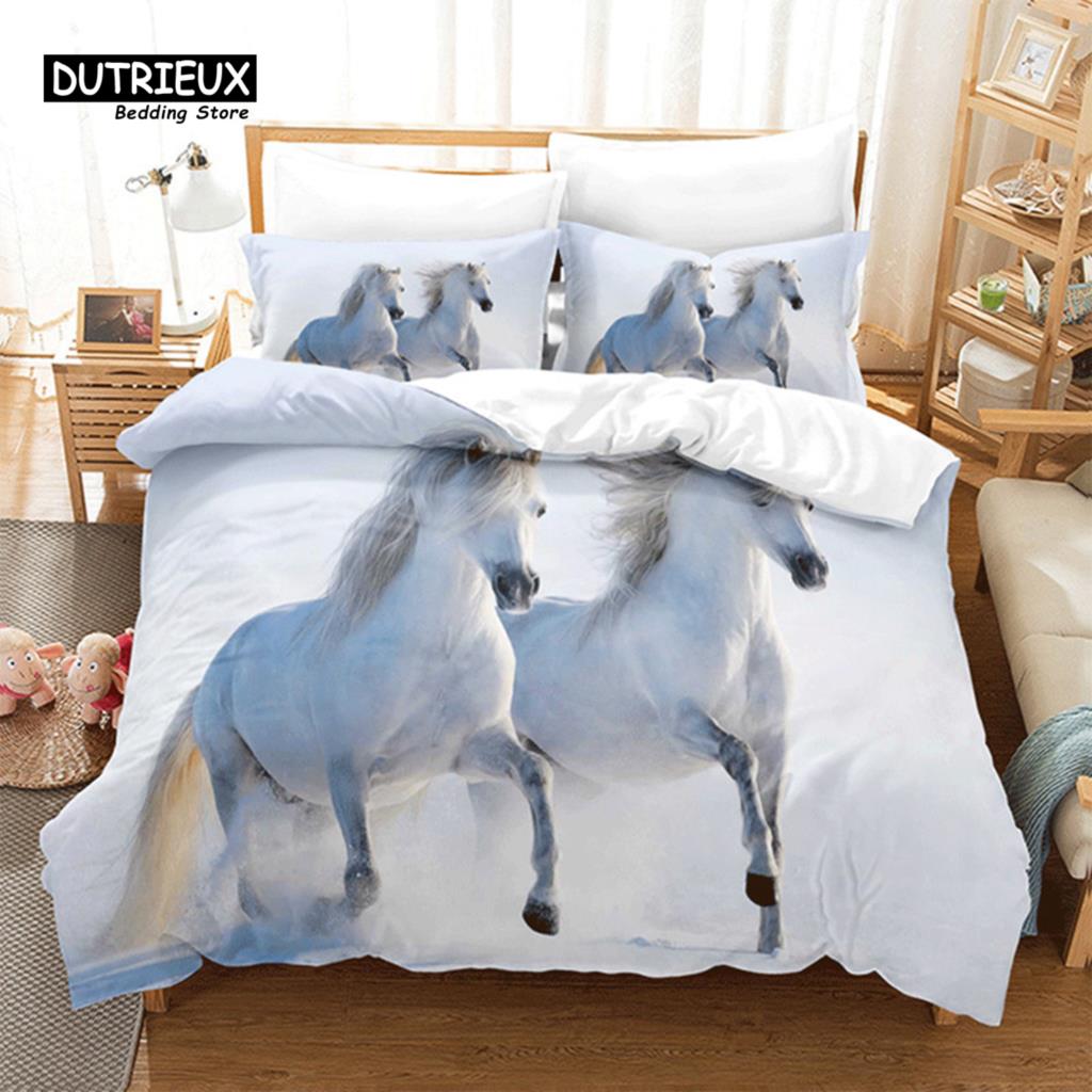 Unicorn Horse Bedding Set 3D Animal Print Duvet Cover Galloping Horse Comforter Cover Queen For Boys Teens Adults Decor Bedroom