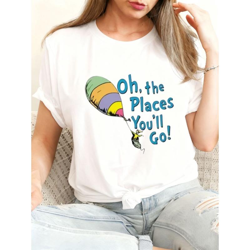 

Women Light Blue Hot Air Balloon Graphic Casual Summer Graduation Tee S белый