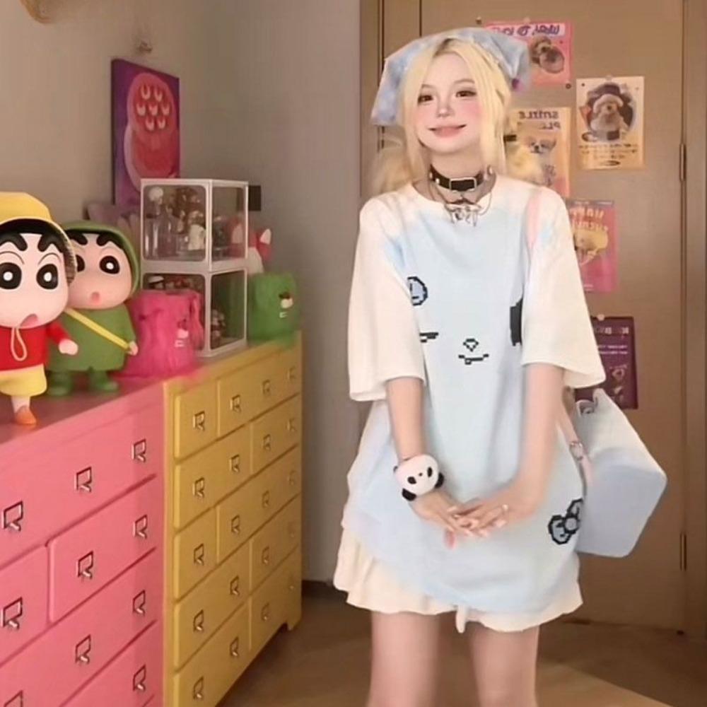 Y2k Aesthetic Contrast Color T-shirt Harajuku Vintage Skull Tops Women Kawaii Print Casual Loose Fairy Grunge Streetwear Tops