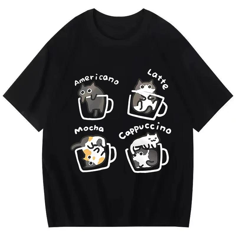 Camiseta Retro americana a la moda para mujer camisetas de veranocamisetas divertidas de gato y café ropa gráfica ropa de
